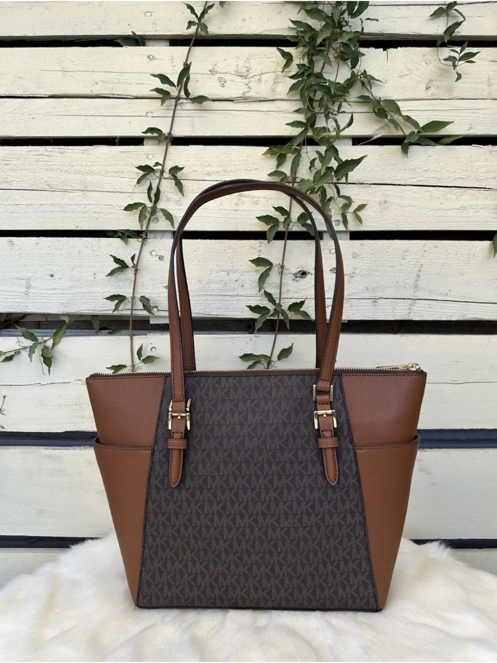 Michael Kors Brown MK Signature Tote with Gold Charm